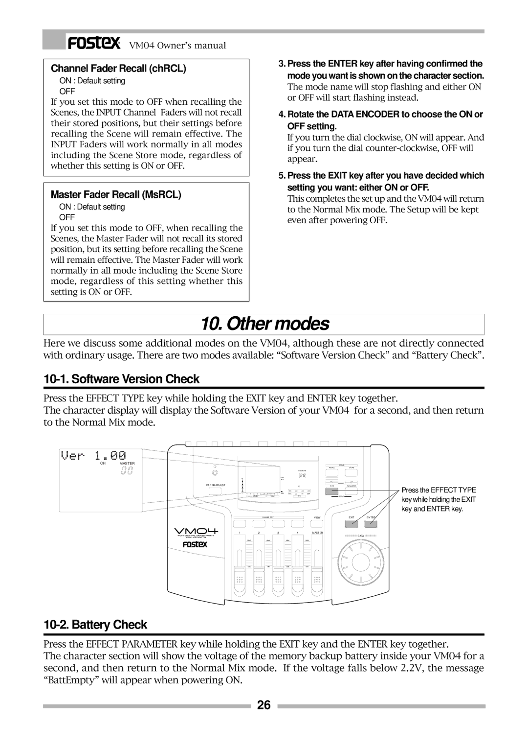 Fostex VM04 Other modes, Software Version Check, Battery Check, Channel Fader Recall chRCL, Master Fader Recall MsRCL 