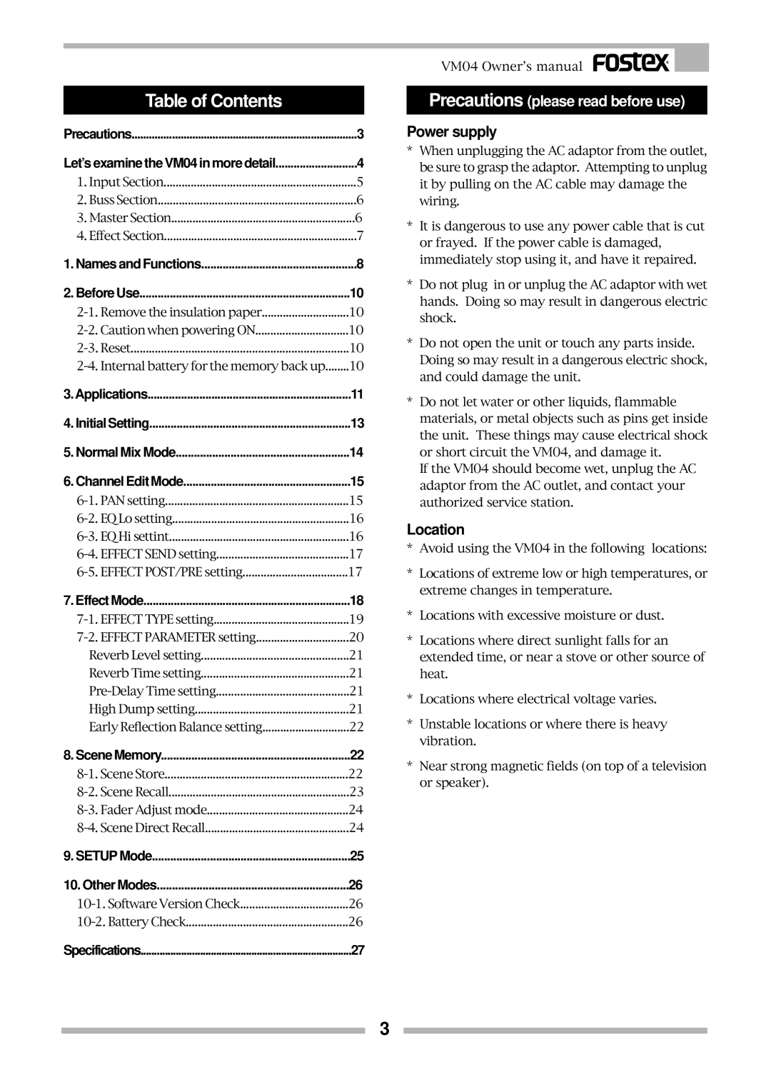 Fostex VM04 owner manual Table of Contents 