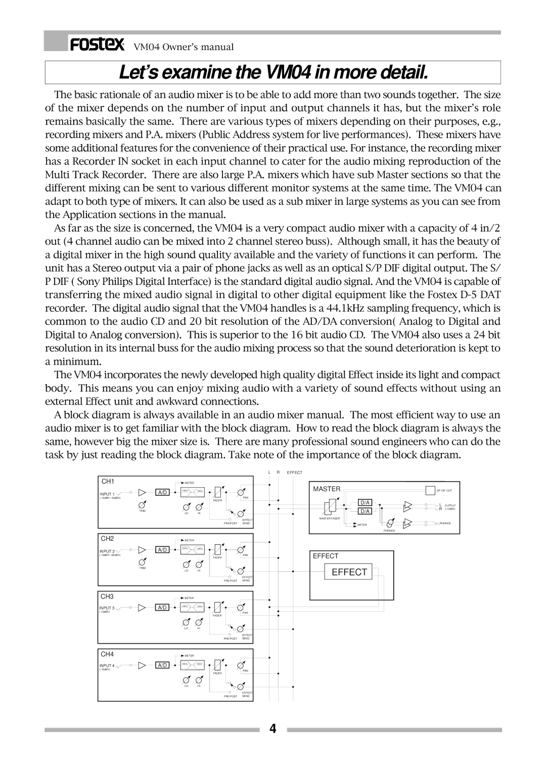 Fostex owner manual Let’s examine the VM04 in more detail, Effect 