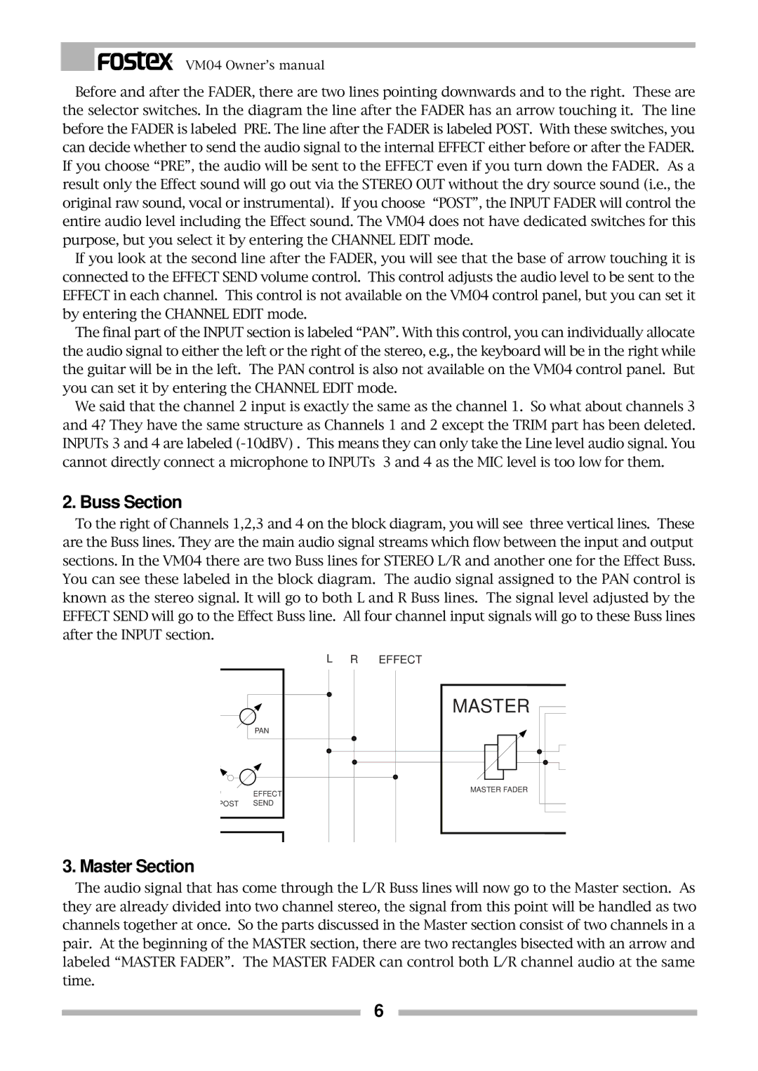 Fostex VM04 owner manual Buss Section, Master Section 