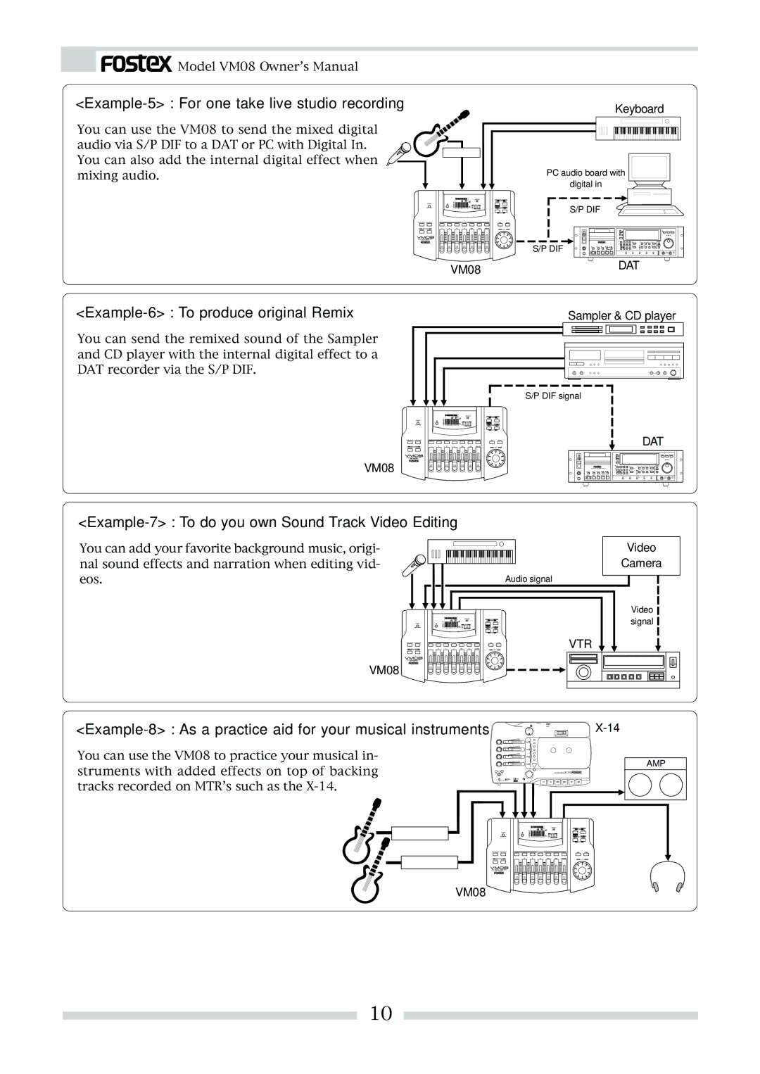 Fostex VM08 owner manual Example-5 For one take live studio recording, Example-6 To produce original Remix 