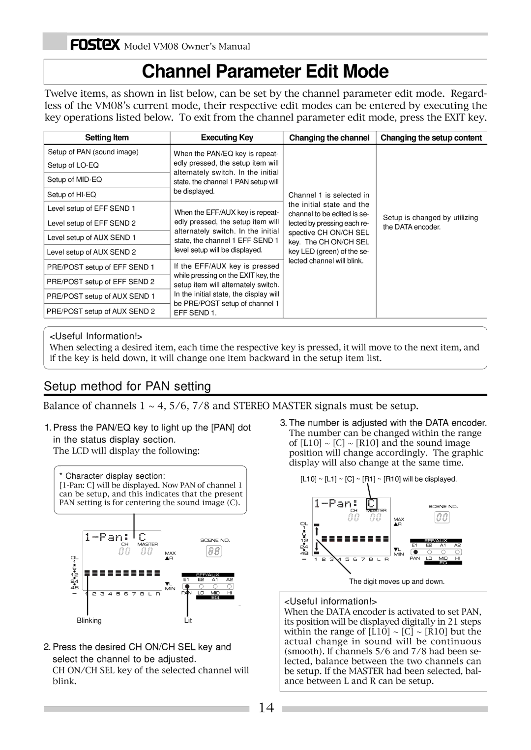 Fostex VM08 Channel Parameter Edit Mode, Setup method for PAN setting, Number is adjusted with the Data encoder 