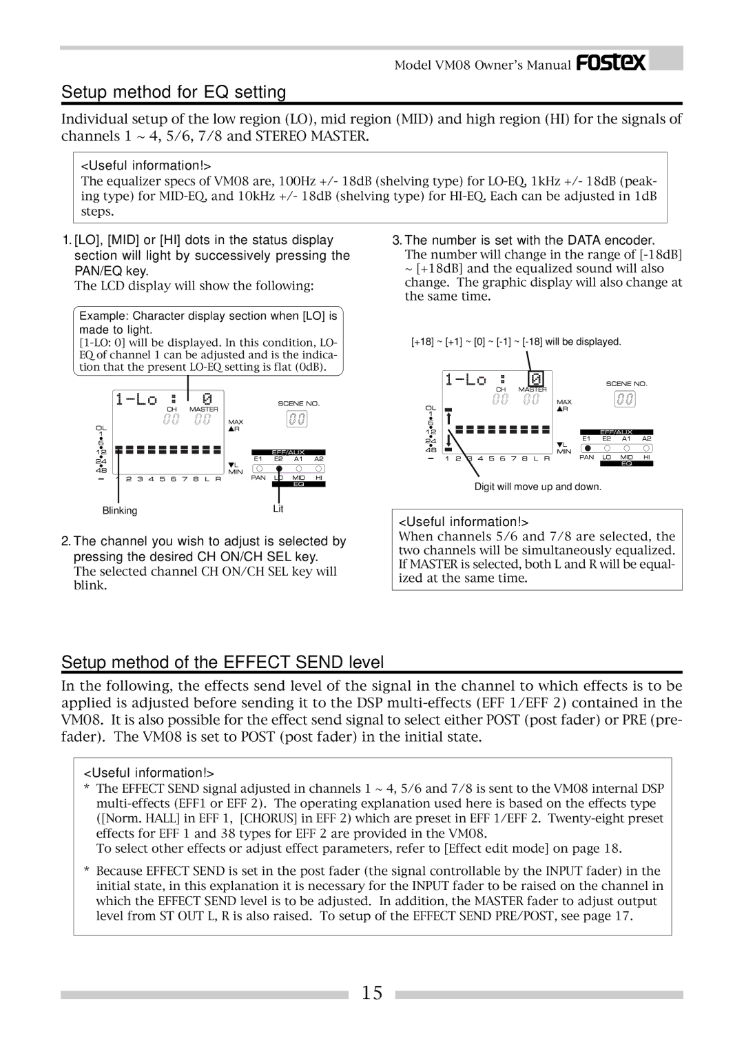 Fostex VM08 Setup method for EQ setting, Setup method of the Effect Send level, Number is set with the Data encoder 