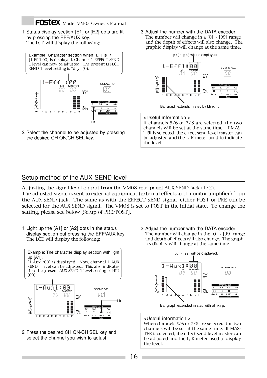 Fostex VM08 owner manual Setup method of the AUX Send level, Example Character section when E1 is lit 