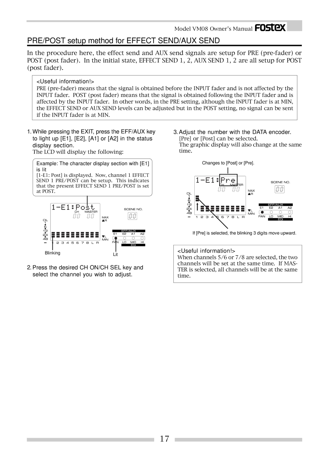 Fostex VM08 PRE/POST setup method for Effect SEND/AUX Send, Example The character display section with E1 is lit 
