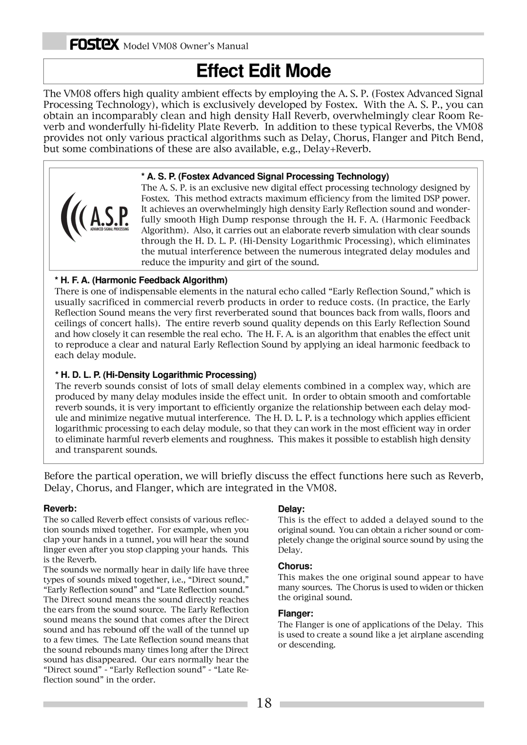 Fostex VM08 owner manual Effect Edit Mode, P. Fostex Advanced Signal Processing Technology 