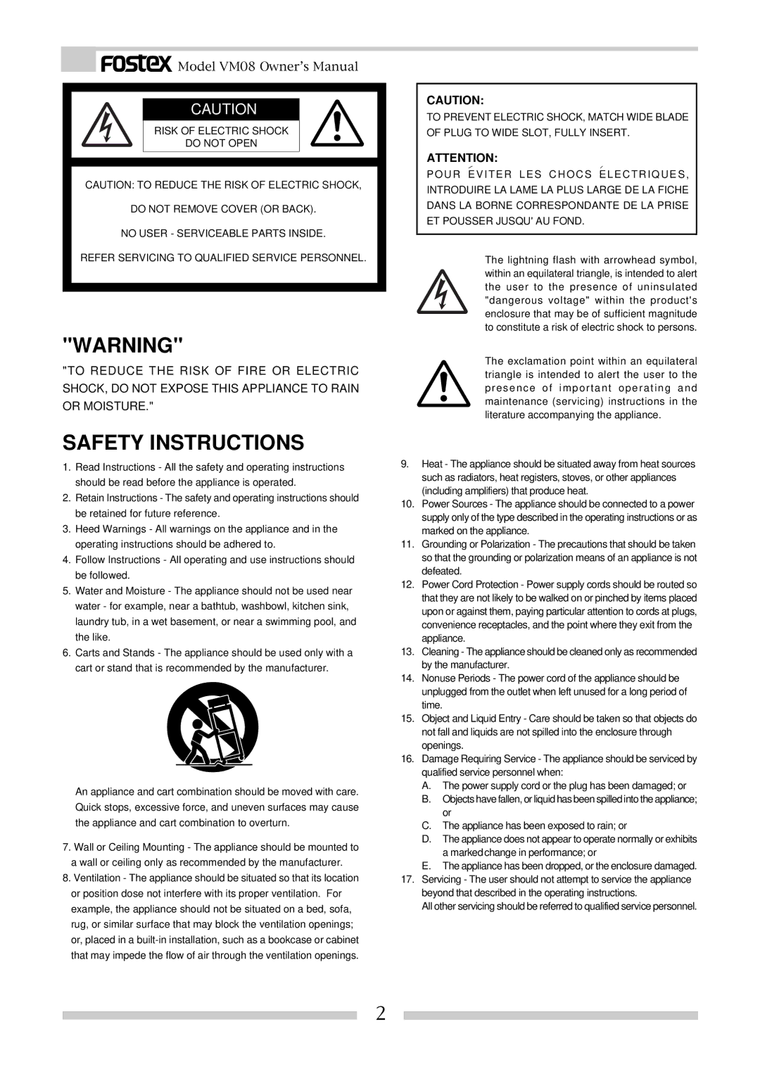 Fostex VM08 owner manual Safety Instructions 