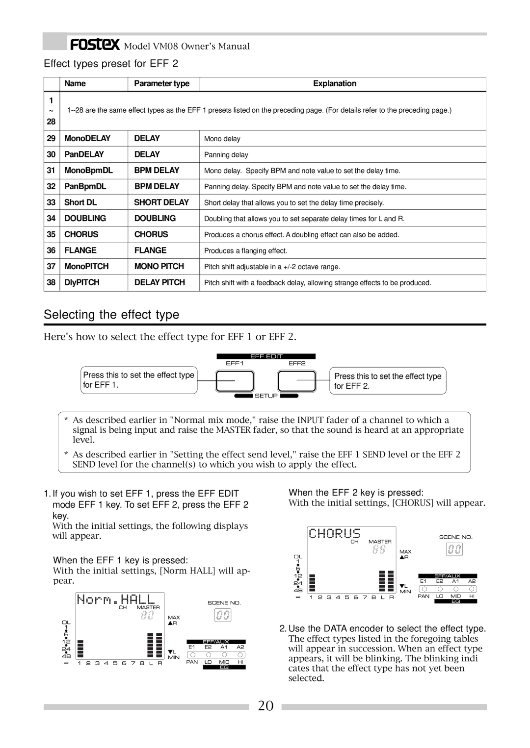 Fostex VM08 owner manual Selecting the effect type, When the EFF 1 key is pressed, When the EFF 2 key is pressed 