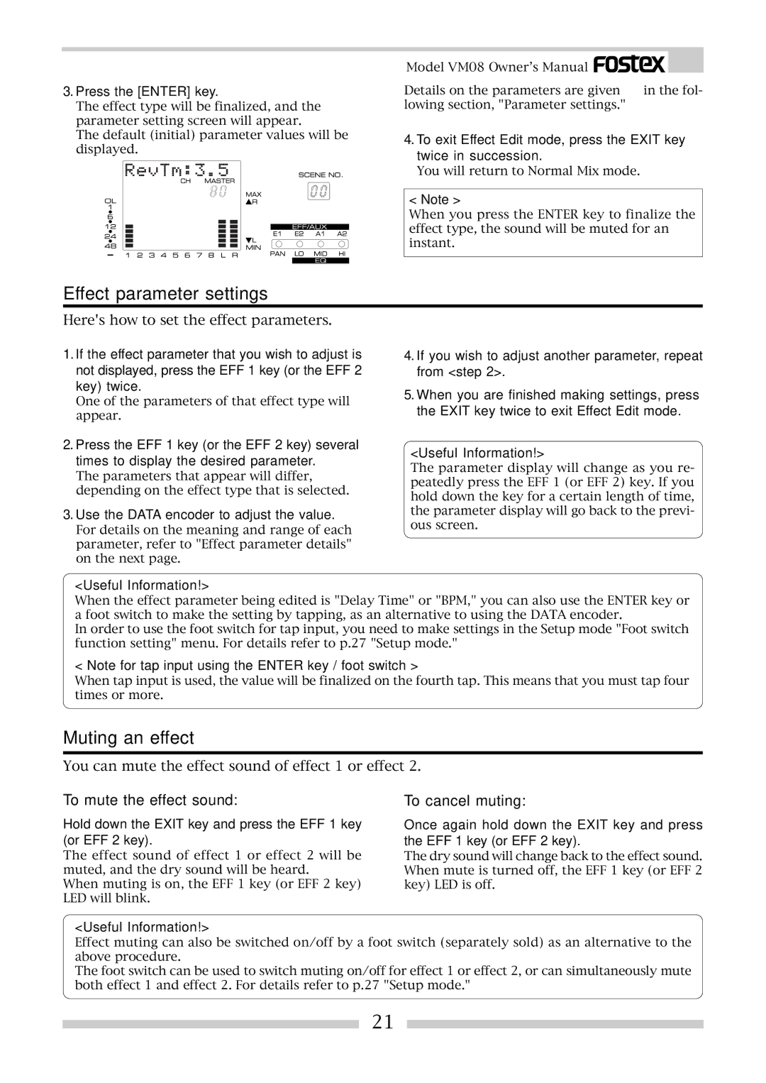 Fostex VM08 owner manual Effect parameter settings, Muting an effect, To mute the effect sound, To cancel muting 