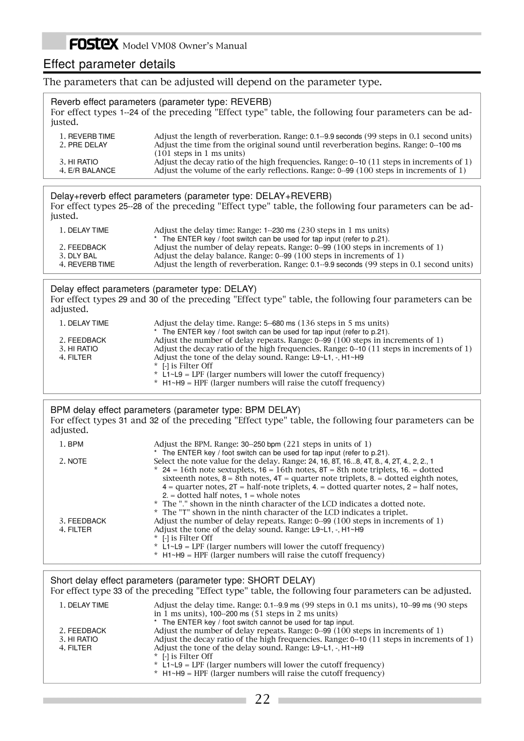 Fostex VM08 owner manual Effect parameter details 