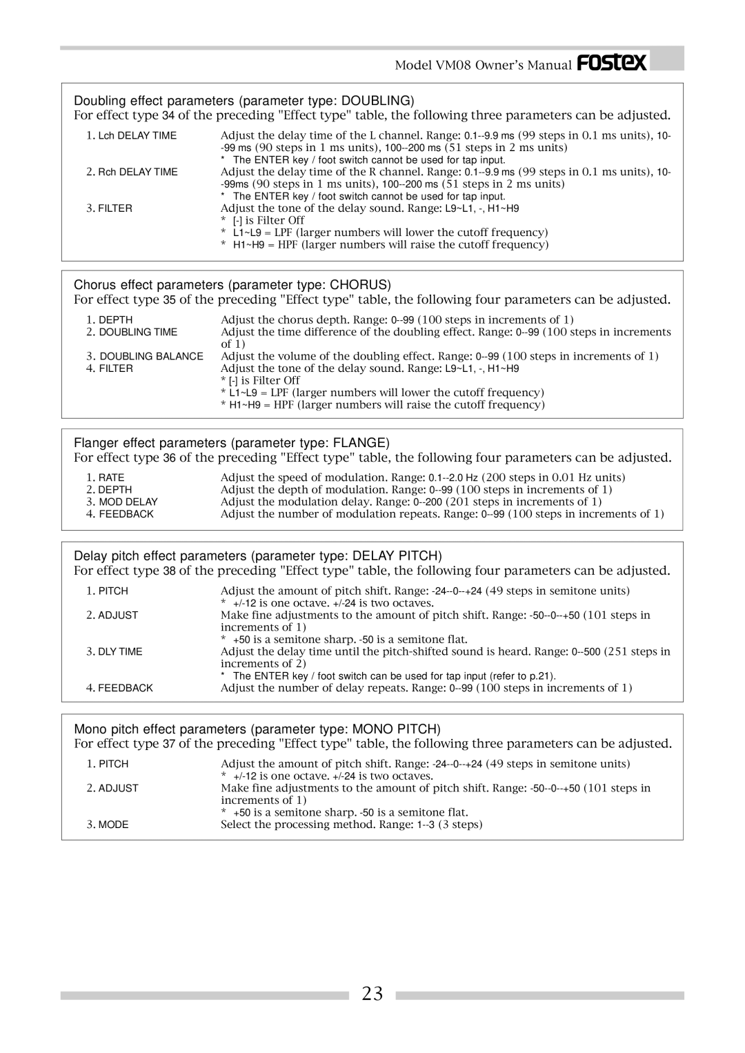 Fostex VM08 owner manual Doubling effect parameters parameter type Doubling, Chorus effect parameters parameter type Chorus 