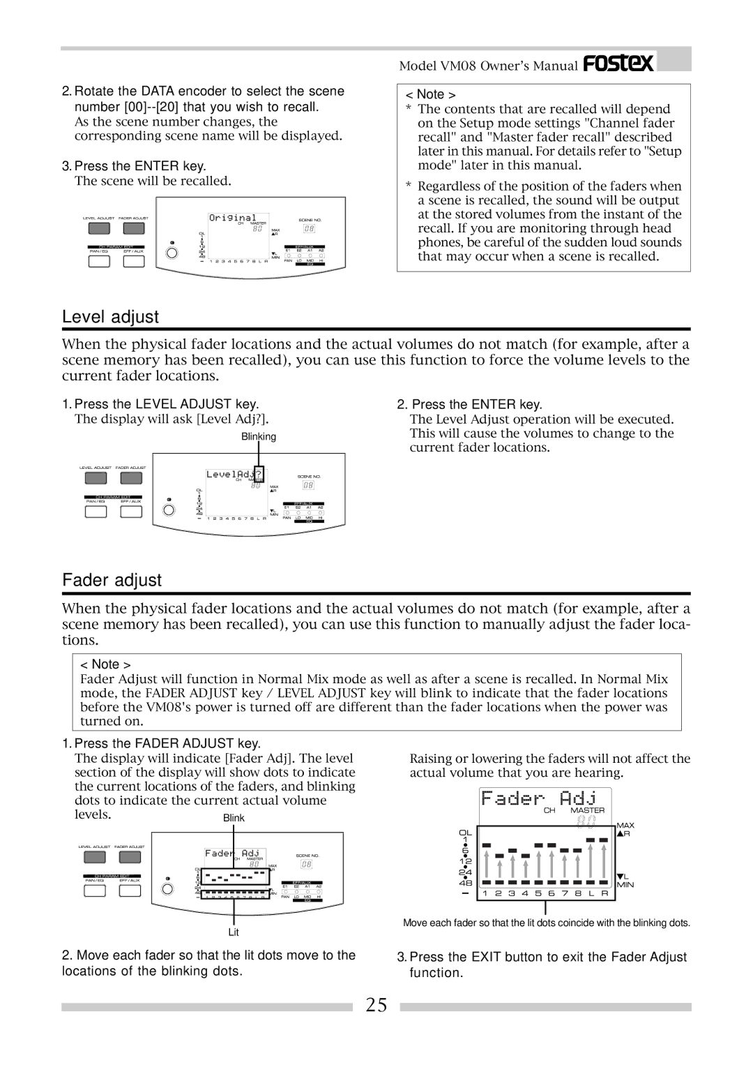 Fostex VM08 owner manual Level adjust, Fader adjust, Press the Level Adjust key, Press the Fader Adjust key 