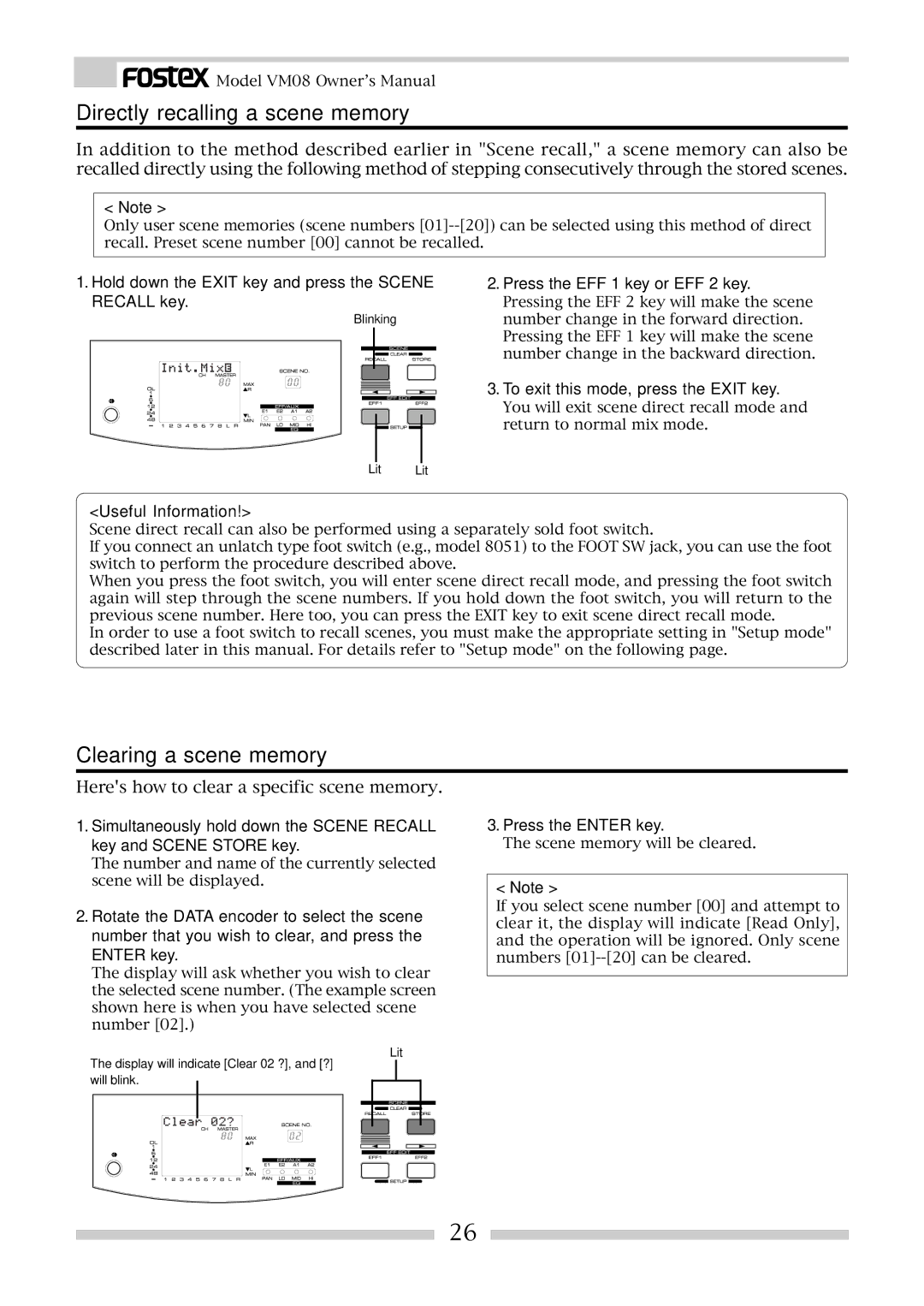 Fostex VM08 owner manual Directly recalling a scene memory, Clearing a scene memory, Press the EFF 1 key or EFF 2 key 