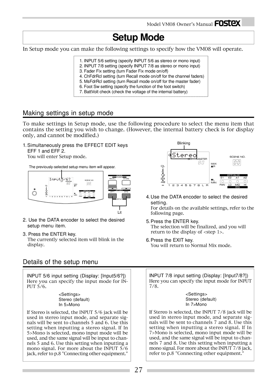 Fostex VM08 owner manual Setup Mode, Making settings in setup mode, Details of the setup menu 