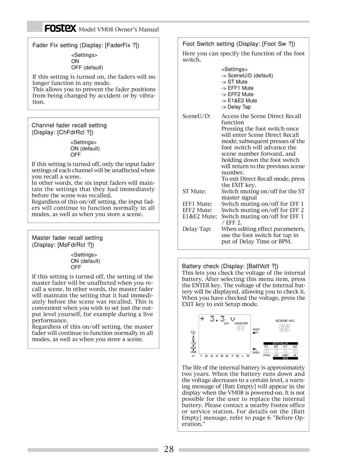 Fostex VM08 owner manual Fader Fix setting Display FaderFix ?, Channel fader recall setting Display ChFdrRcl ? 