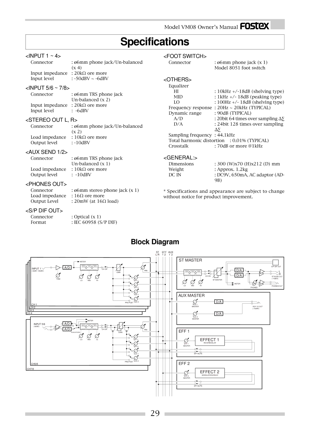 Fostex VM08 owner manual Specifications, Input 1 ~, Input 5/6 ~ 7/8, AUX Send 1/2 