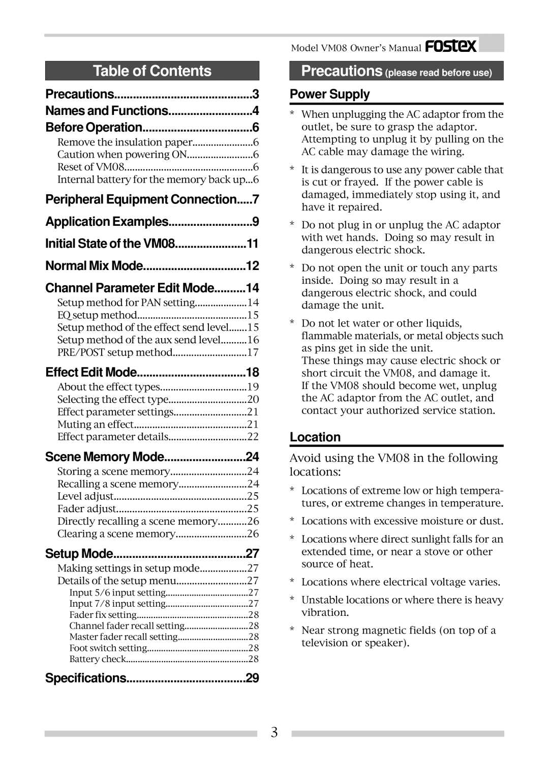 Fostex VM08 owner manual Table of Contents 