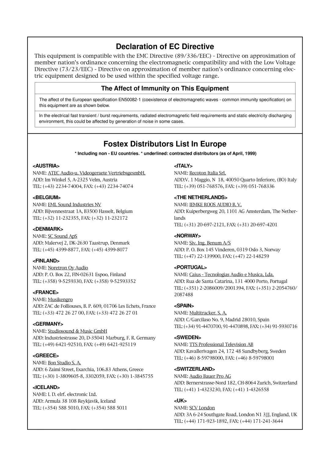 Fostex VM08 owner manual Declaration of EC Directive 