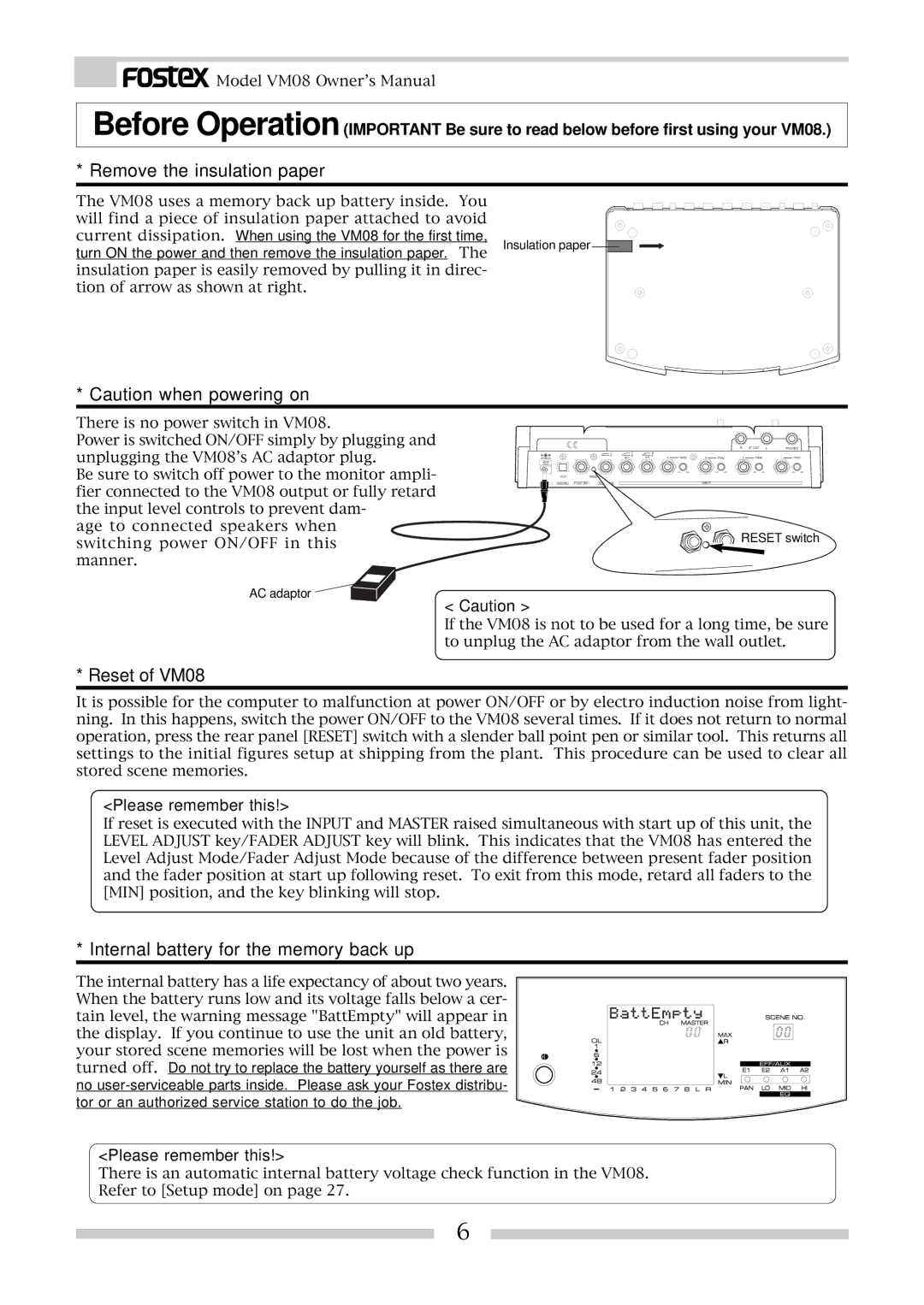 Fostex Remove the insulation paper, Reset of VM08, Internal battery for the memory back up, Please remember this 