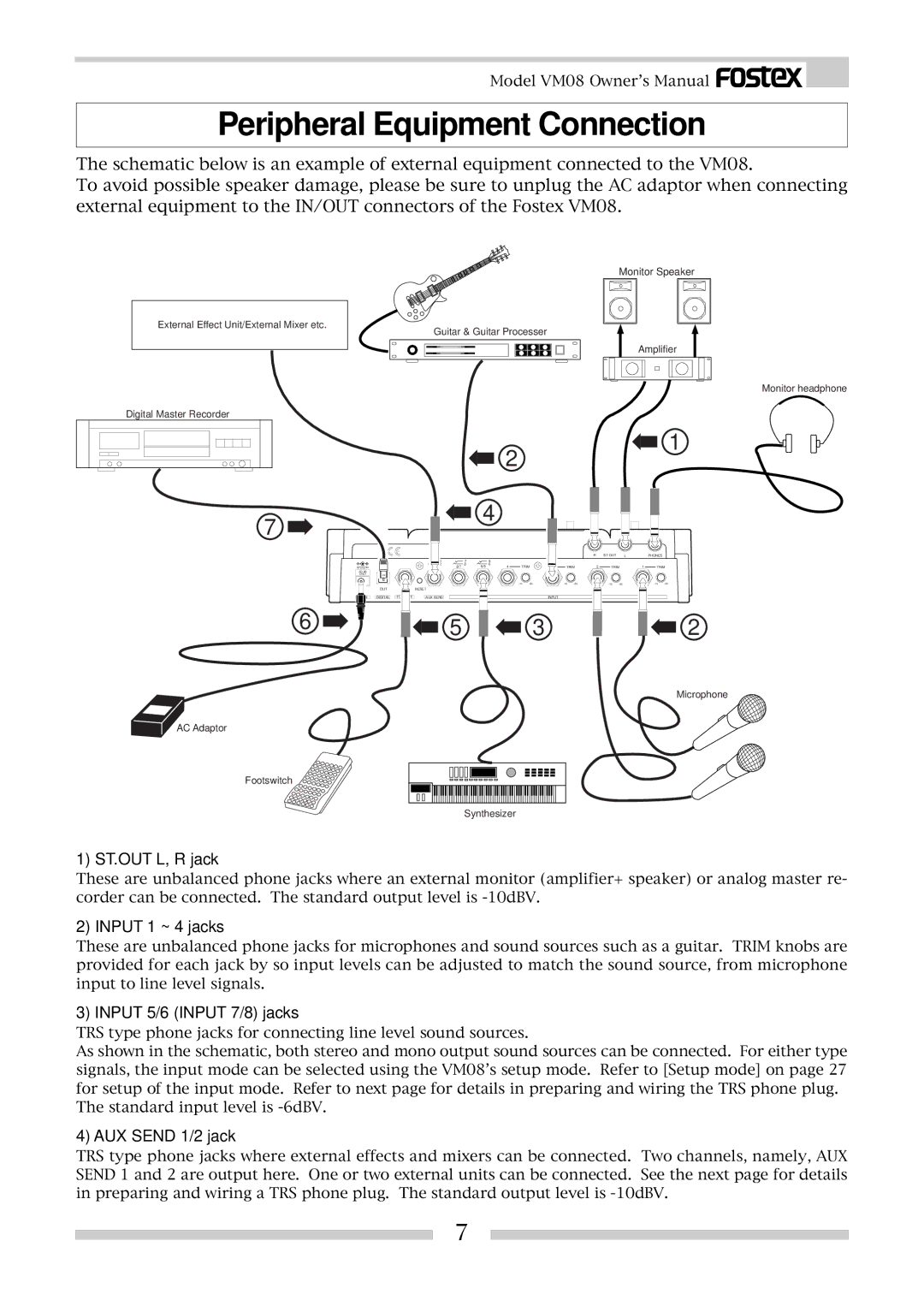 Fostex VM08 owner manual Peripheral Equipment Connection, ST.OUT L, R jack, Input 1 ~ 4 jacks, Input 5/6 Input 7/8 jacks 