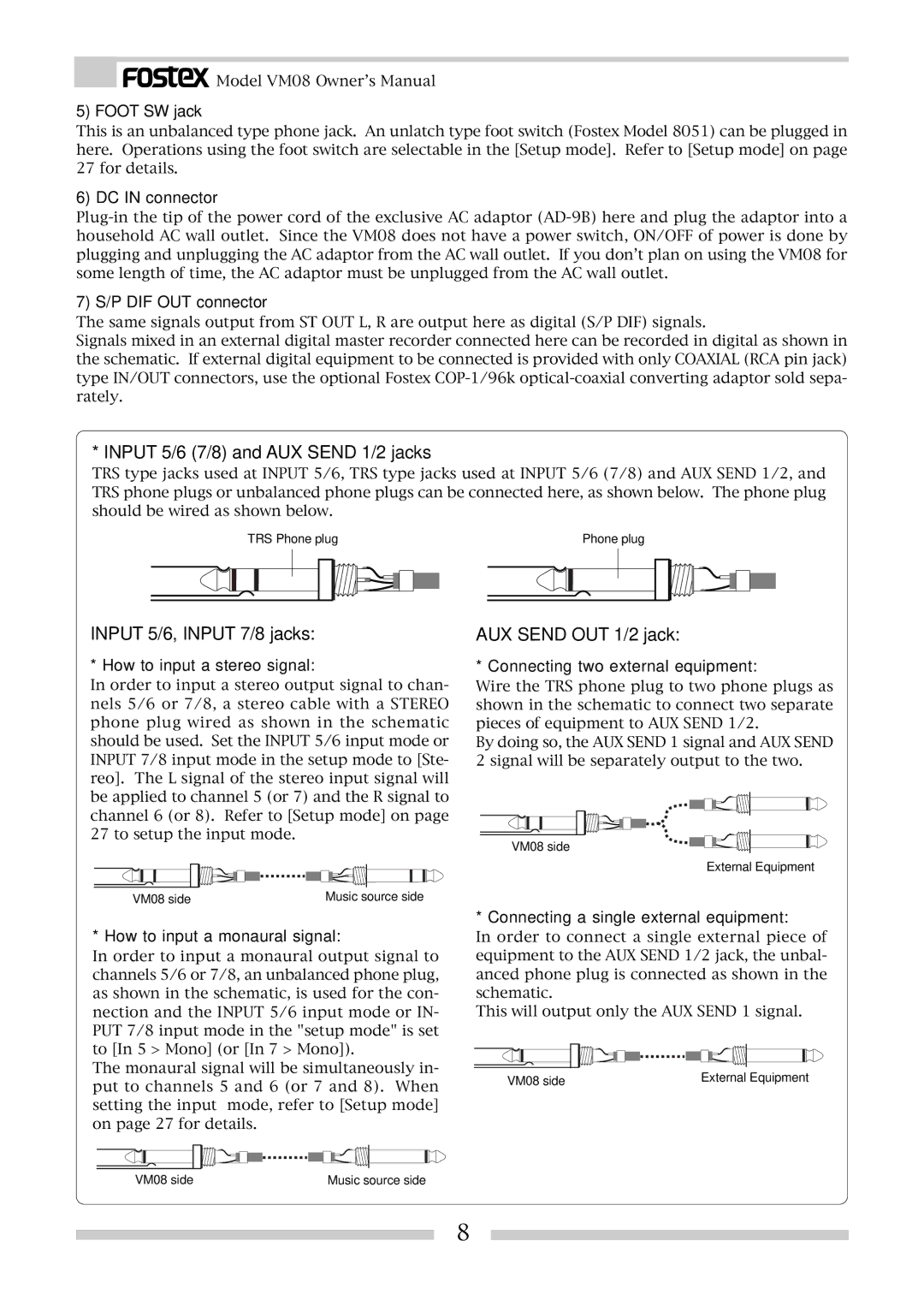 Fostex VM08 owner manual Input 5/6 7/8 and AUX Send 1/2 jacks, Input 5/6, Input 7/8 jacks, AUX Send OUT 1/2 jack 