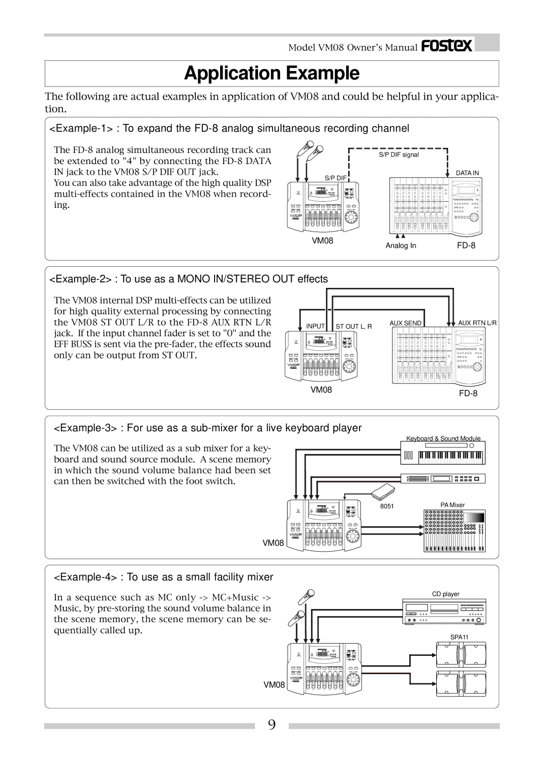 Fostex VM08 owner manual Application Example, Example-2 To use as a Mono IN/STEREO OUT effects 