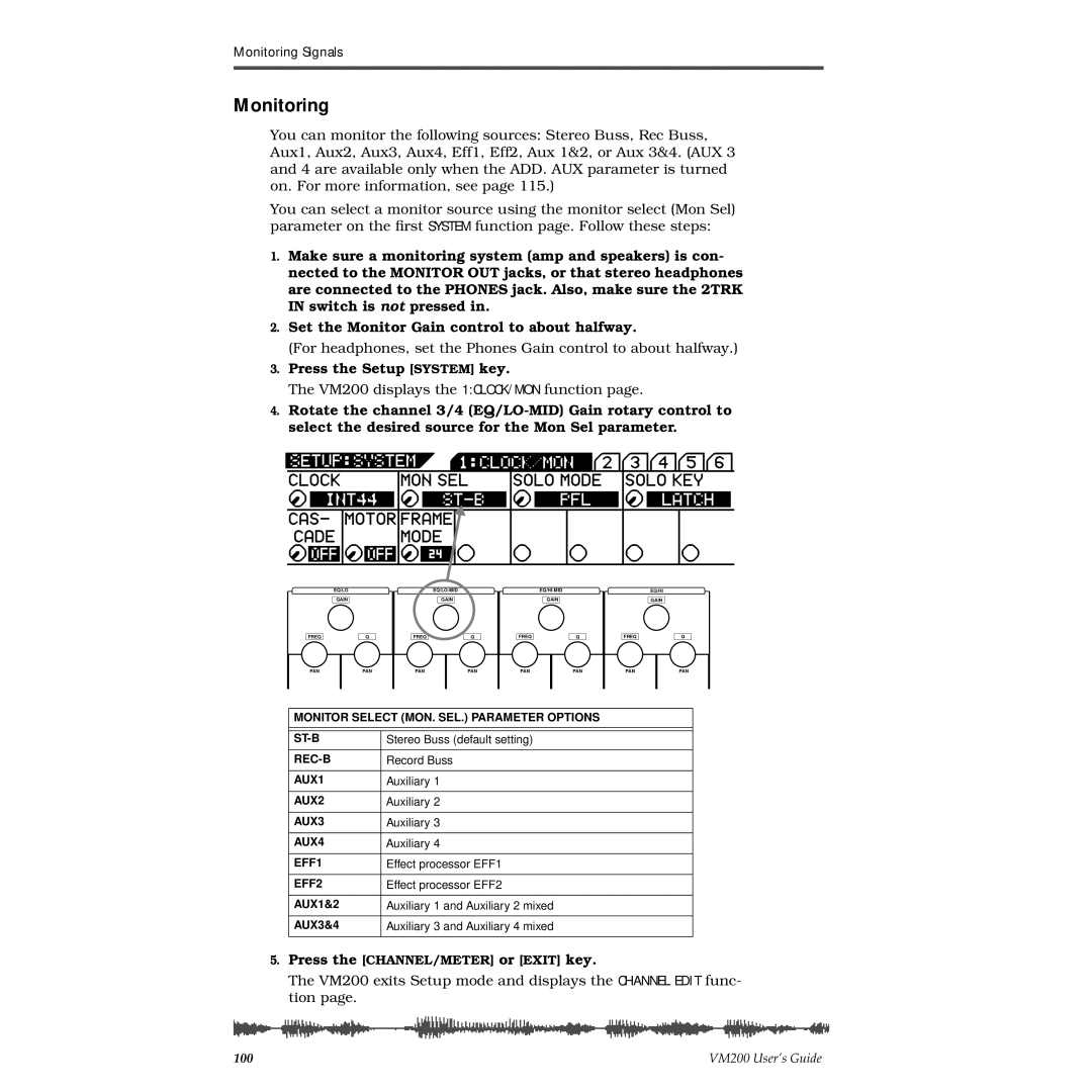 Fostex VM200 manual Monitoring, Press the Setup System key 