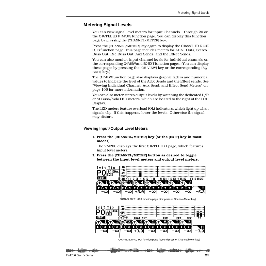 Fostex VM200 manual Metering Signal Levels, Viewing Input/Output Level Meters 