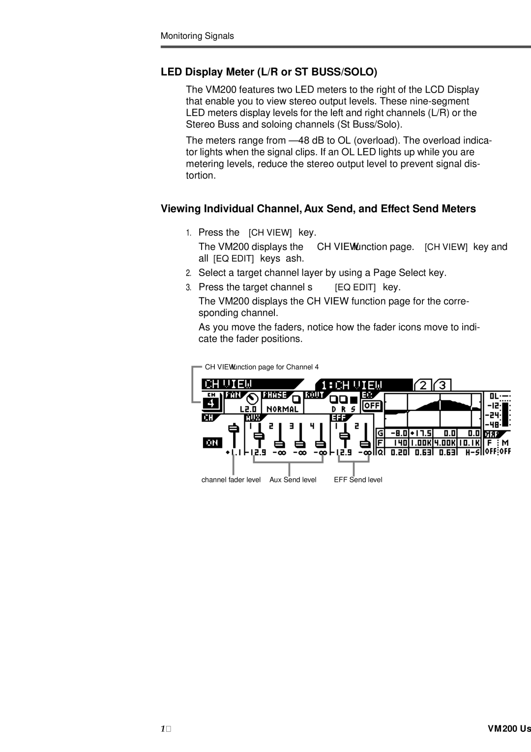 Fostex VM200 manual LED Display Meter L/R or ST BUSS/SOLO, Press the CH View key 