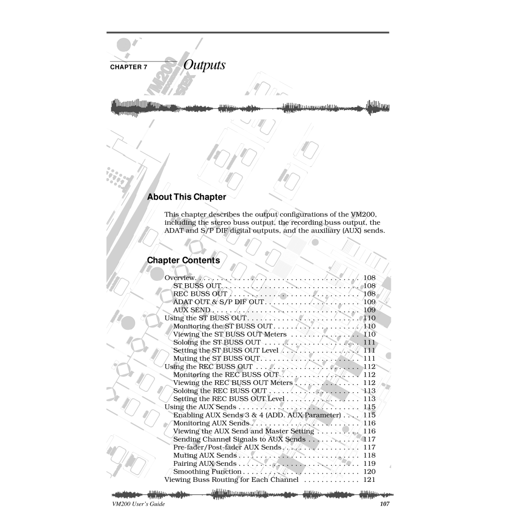 Fostex VM200 manual Outputs, Chapter Contents 