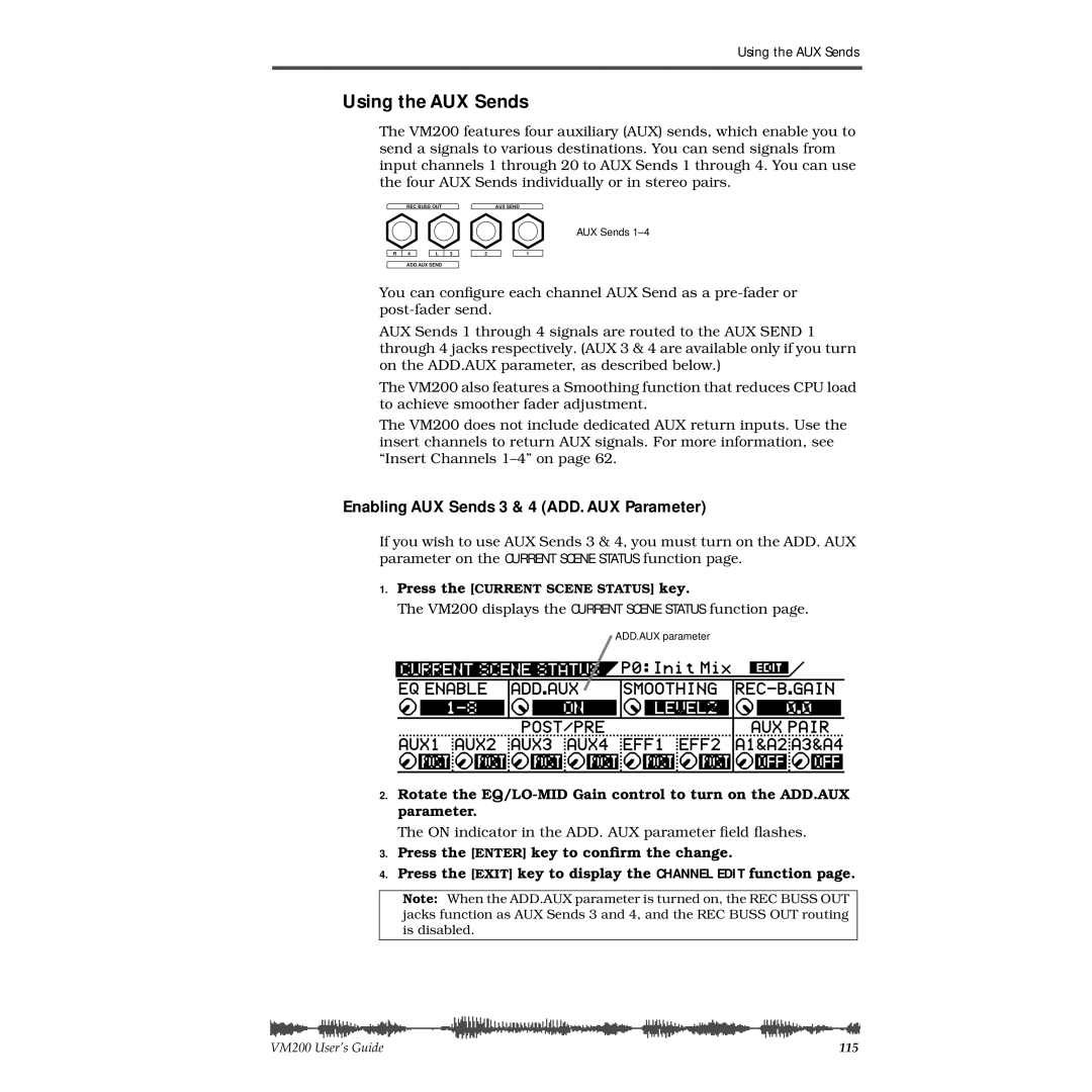 Fostex VM200 manual Using the AUX Sends, Enabling AUX Sends 3 & 4 ADD. AUX Parameter 