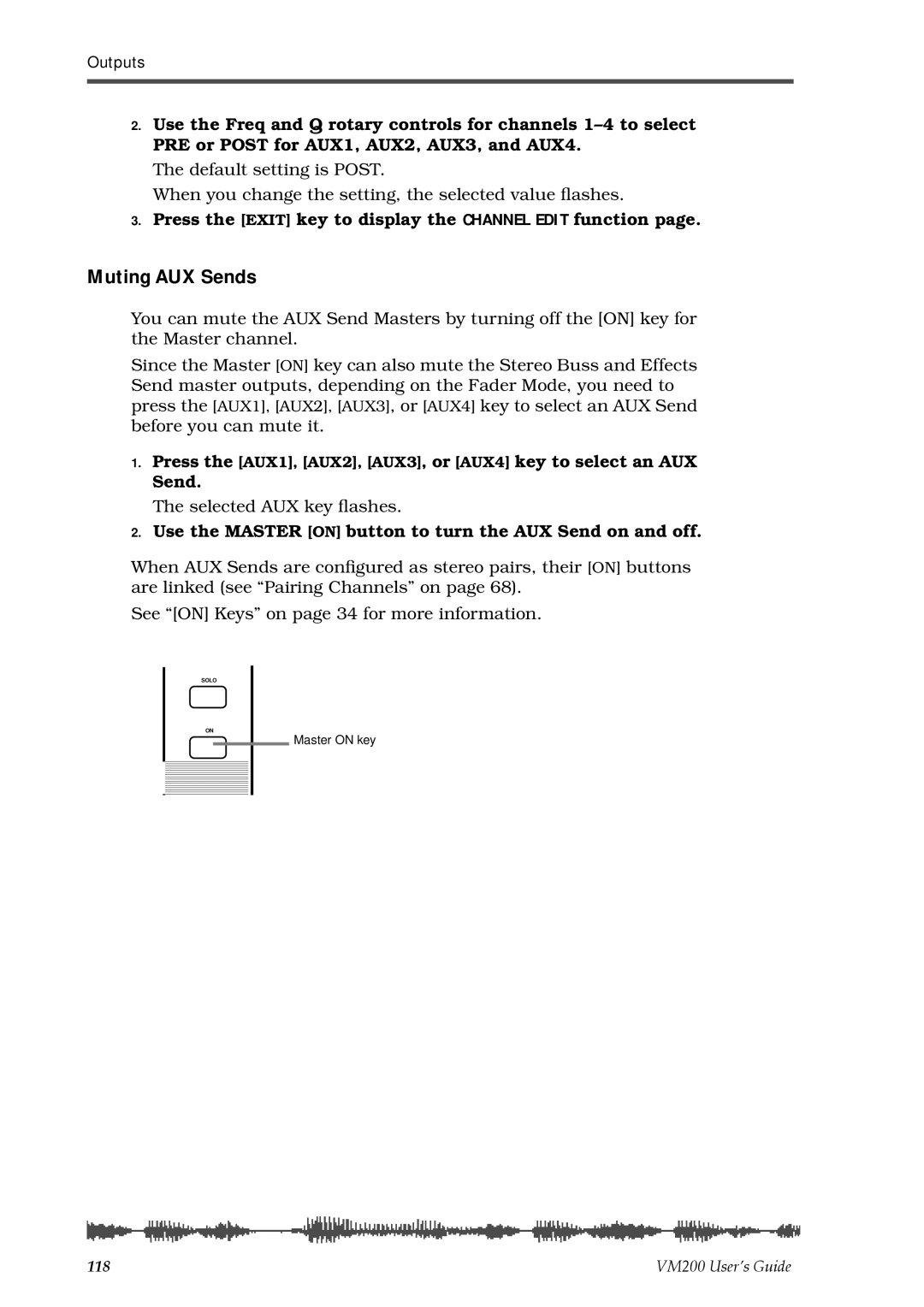 Fostex VM200 manual Muting AUX Sends, Use the Master on button to turn the AUX Send on and off 