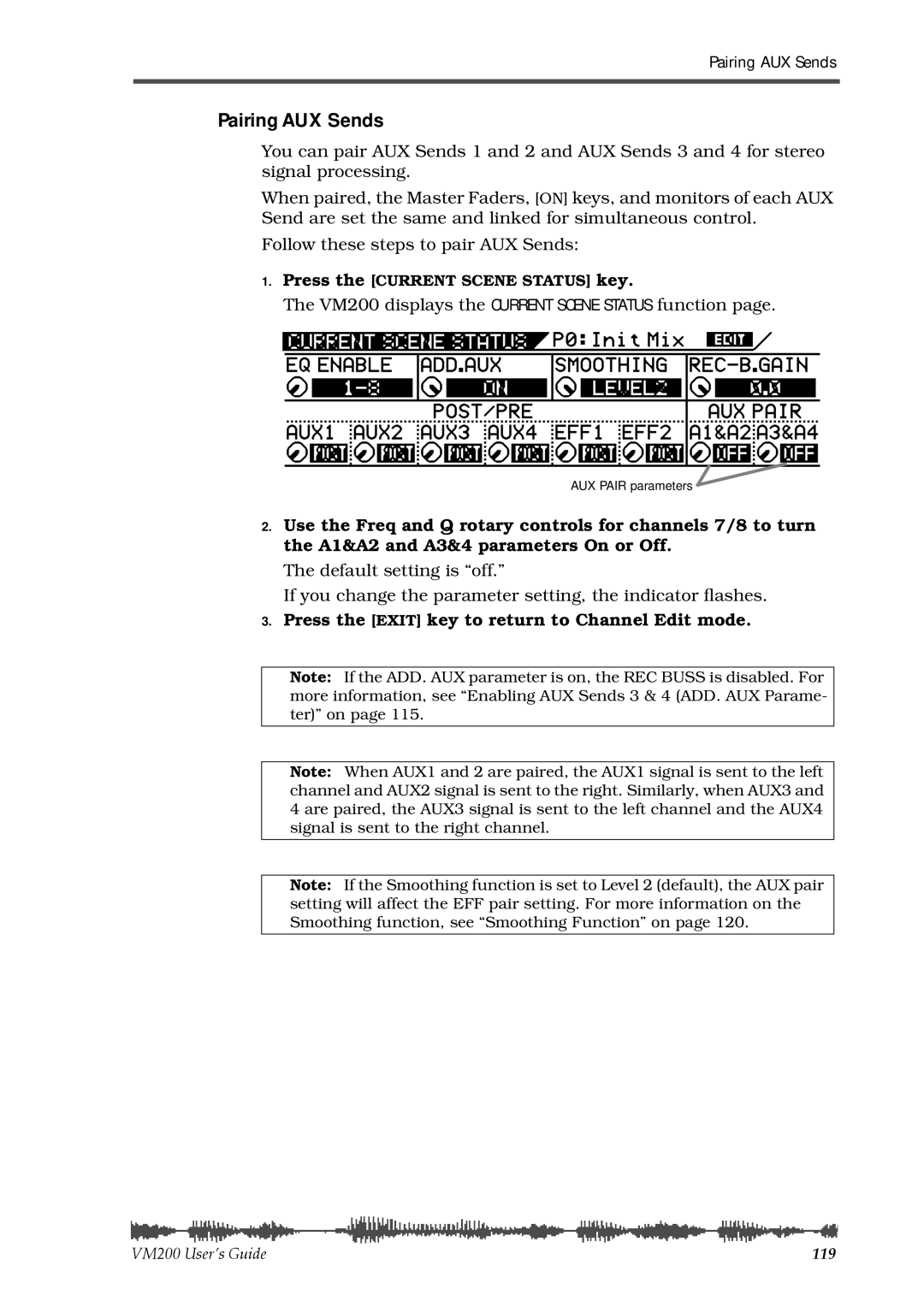 Fostex VM200 manual Pairing AUX Sends, Press the Exit key to return to Channel Edit mode 