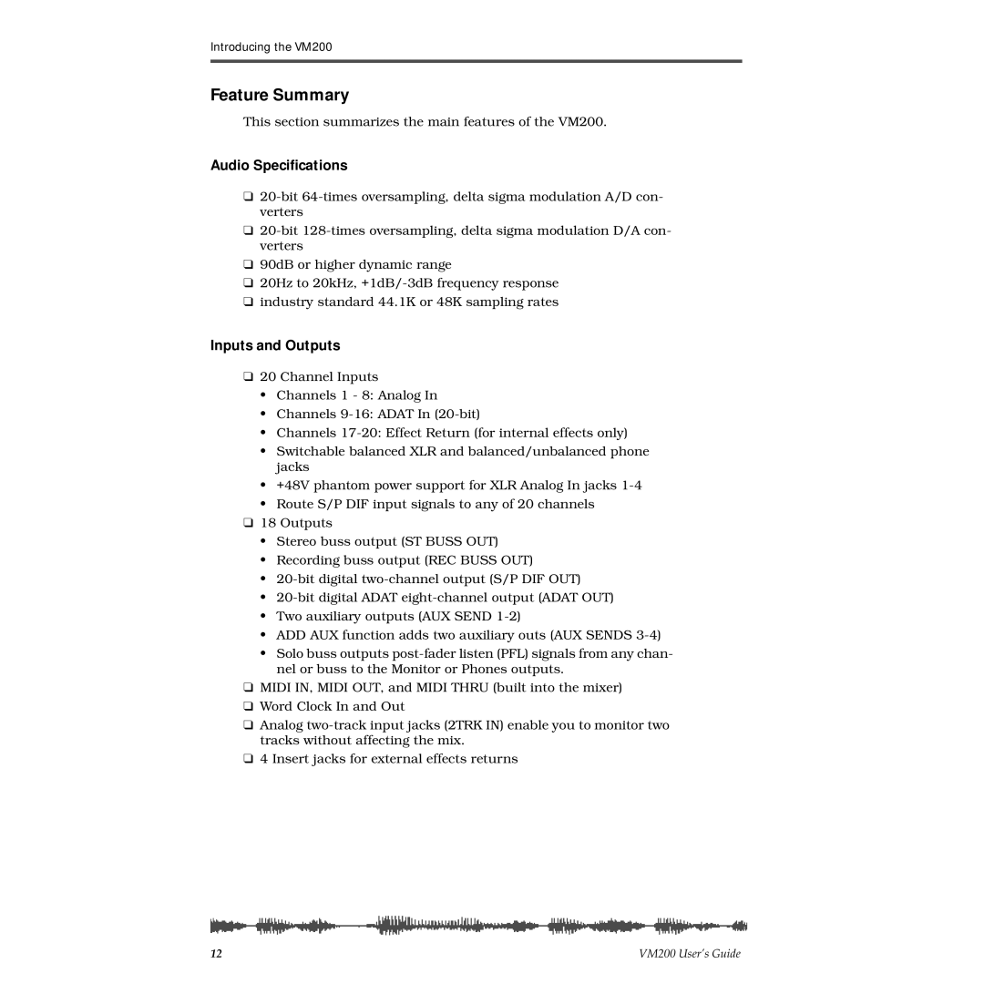 Fostex VM200 manual Feature Summary, Audio Speciﬁcations, Inputs and Outputs 