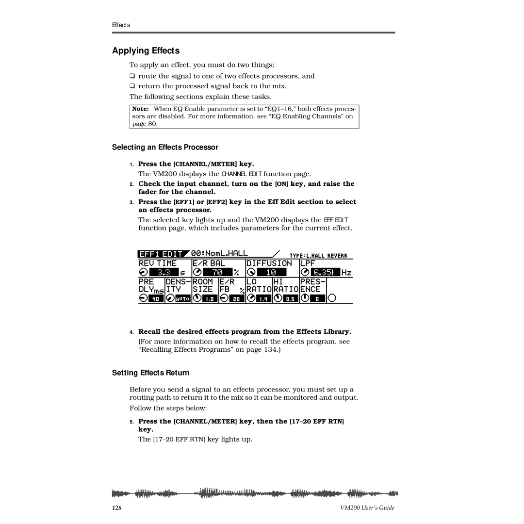 Fostex VM200 manual Applying Effects, Selecting an Effects Processor, Setting Effects Return, Press the CHANNEL/METER key 