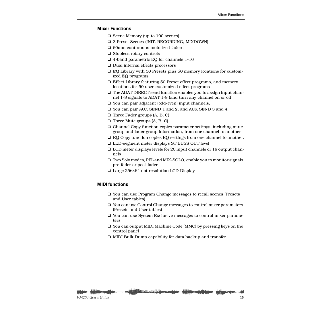 Fostex VM200 manual Mixer Functions, Midi functions 