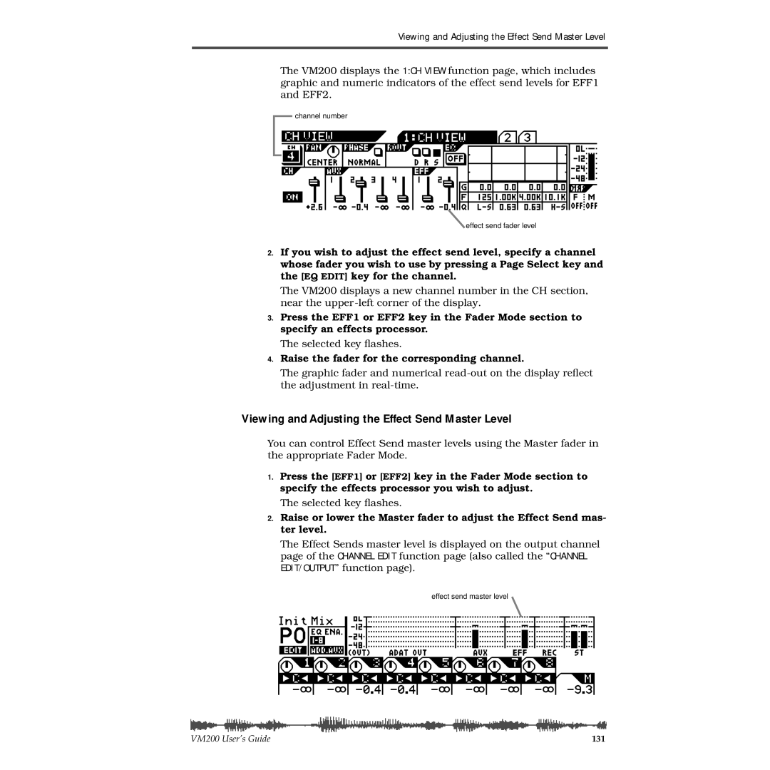 Fostex VM200 manual Viewing and Adjusting the Effect Send Master Level, Raise the fader for the corresponding channel 