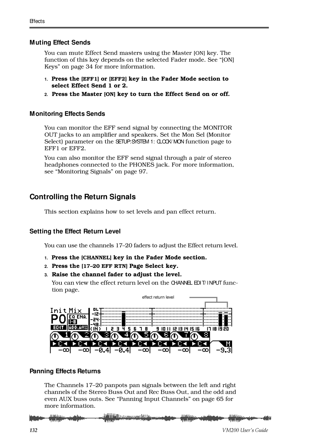 Fostex VM200 manual Controlling the Return Signals, Muting Effect Sends, Monitoring Effects Sends, Panning Effects Returns 