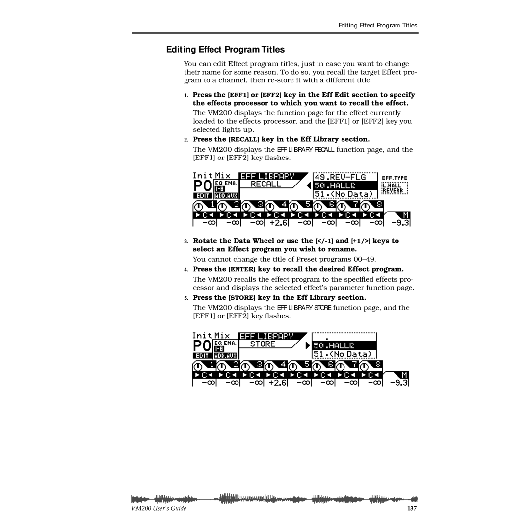 Fostex VM200 manual Editing Effect Program Titles, Press the Enter key to recall the desired Effect program 
