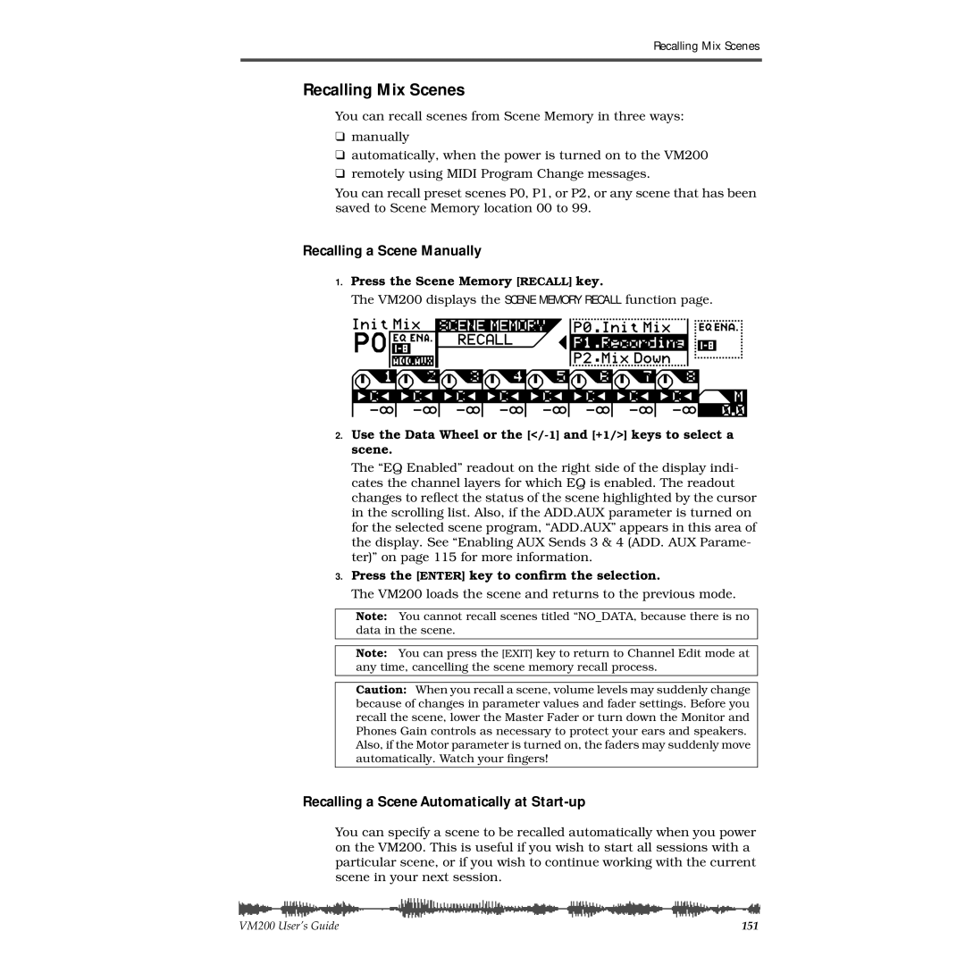 Fostex VM200 manual Recalling Mix Scenes, Recalling a Scene Manually, Recalling a Scene Automatically at Start-up 