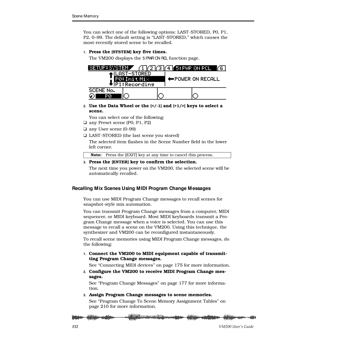 Fostex VM200 manual Recalling Mix Scenes Using Midi Program Change Messages, Press the System key ﬁve times 
