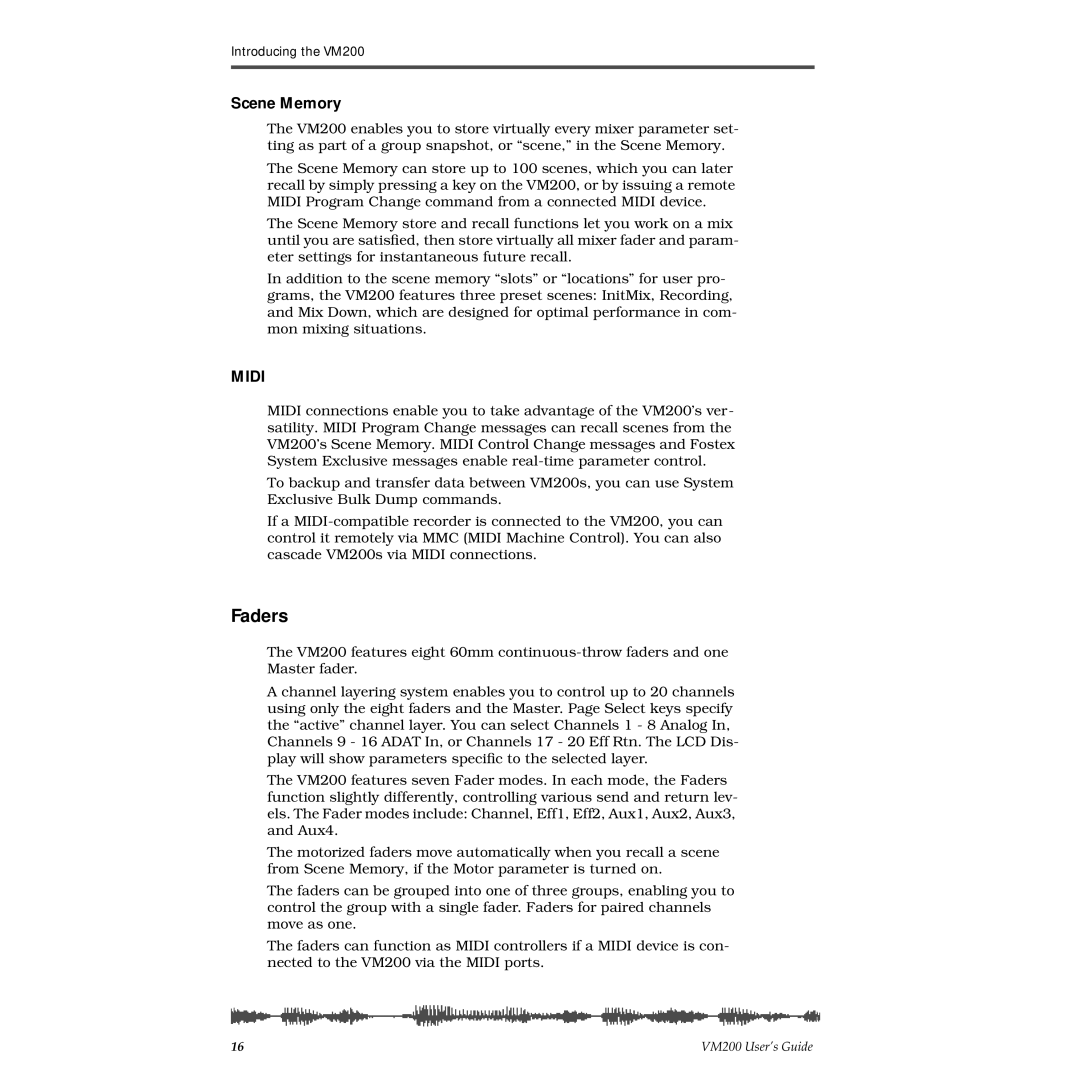 Fostex VM200 manual Faders, Scene Memory 