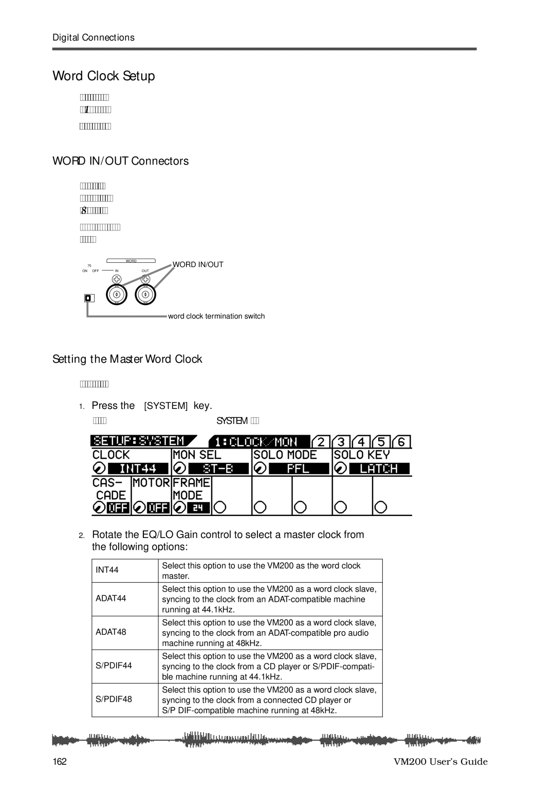 Fostex VM200 manual Word Clock Setup, Word IN/OUT Connectors, Setting the Master Word Clock, Press the System key 