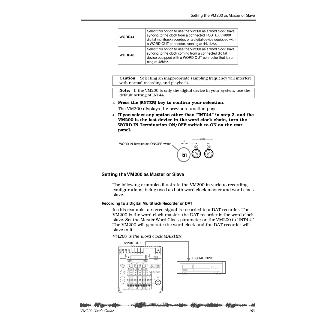 Fostex manual Setting the VM200 as Master or Slave, Recording to a Digital Multitrack Recorder or DAT 