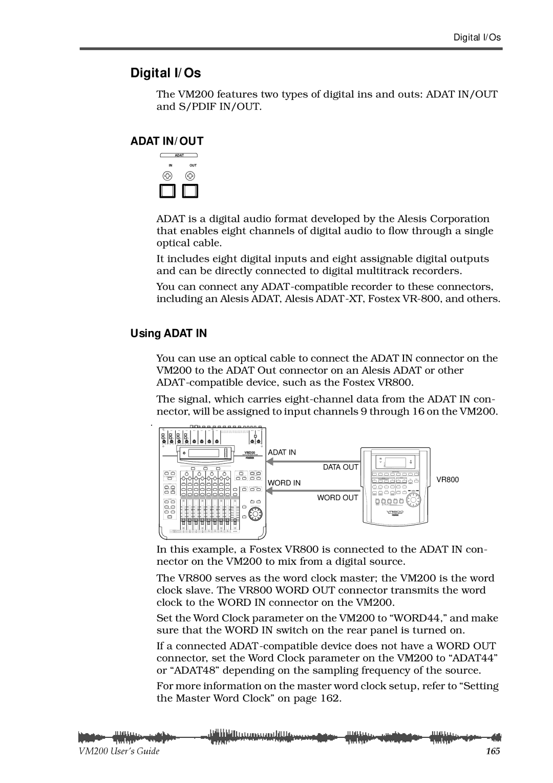 Fostex VM200 manual Digital I/Os, Using Adat 