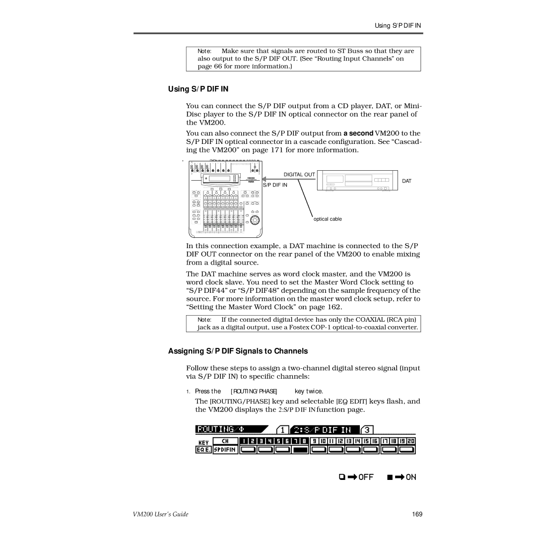 Fostex VM200 manual Using S/P DIF, Assigning S/P DIF Signals to Channels, Press the ROUTING/PHASE key twice 