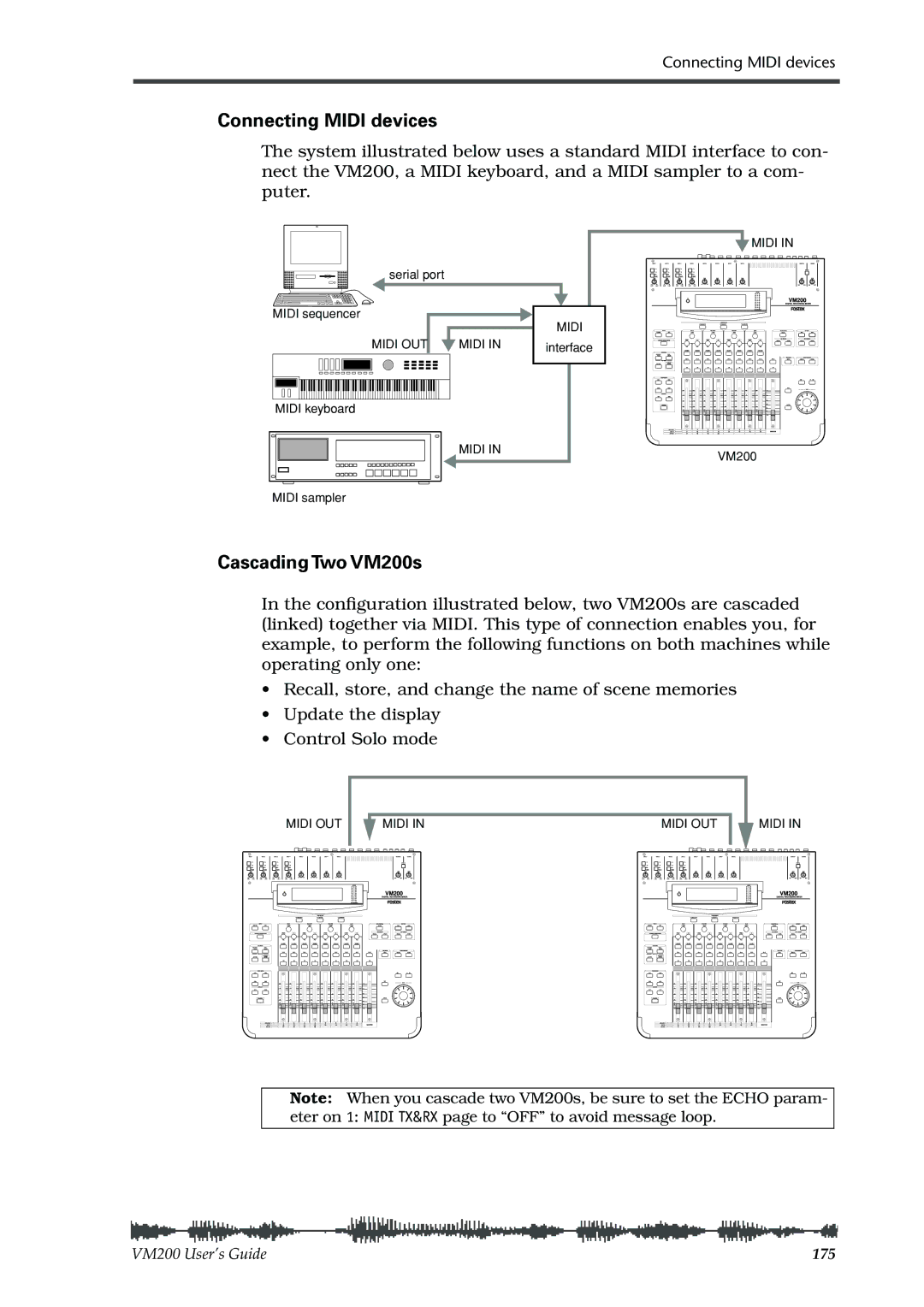 Fostex manual Connecting Midi devices, Cascading Two VM200s 