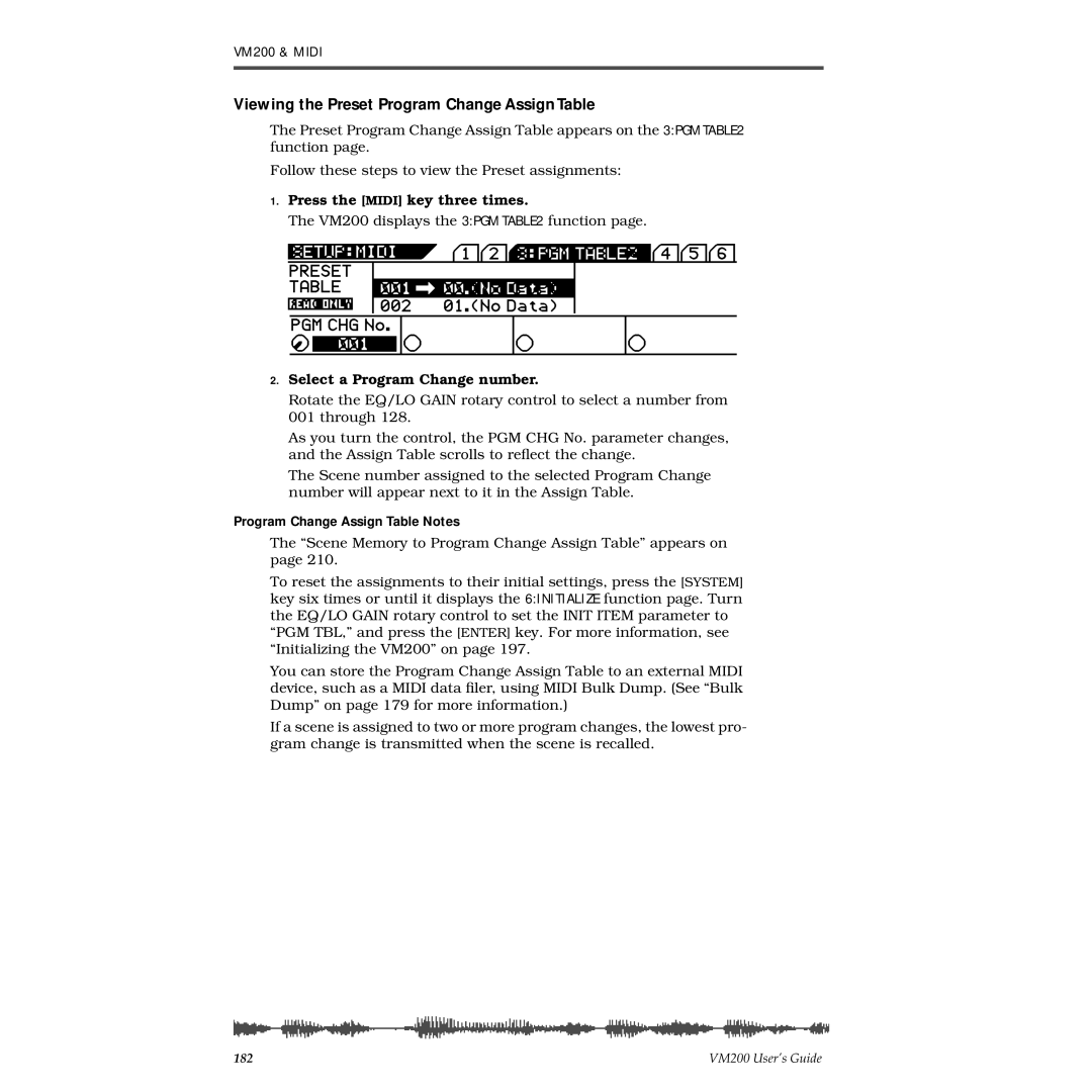Fostex VM200 manual Viewing the Preset Program Change Assign Table, Press the Midi key three times 