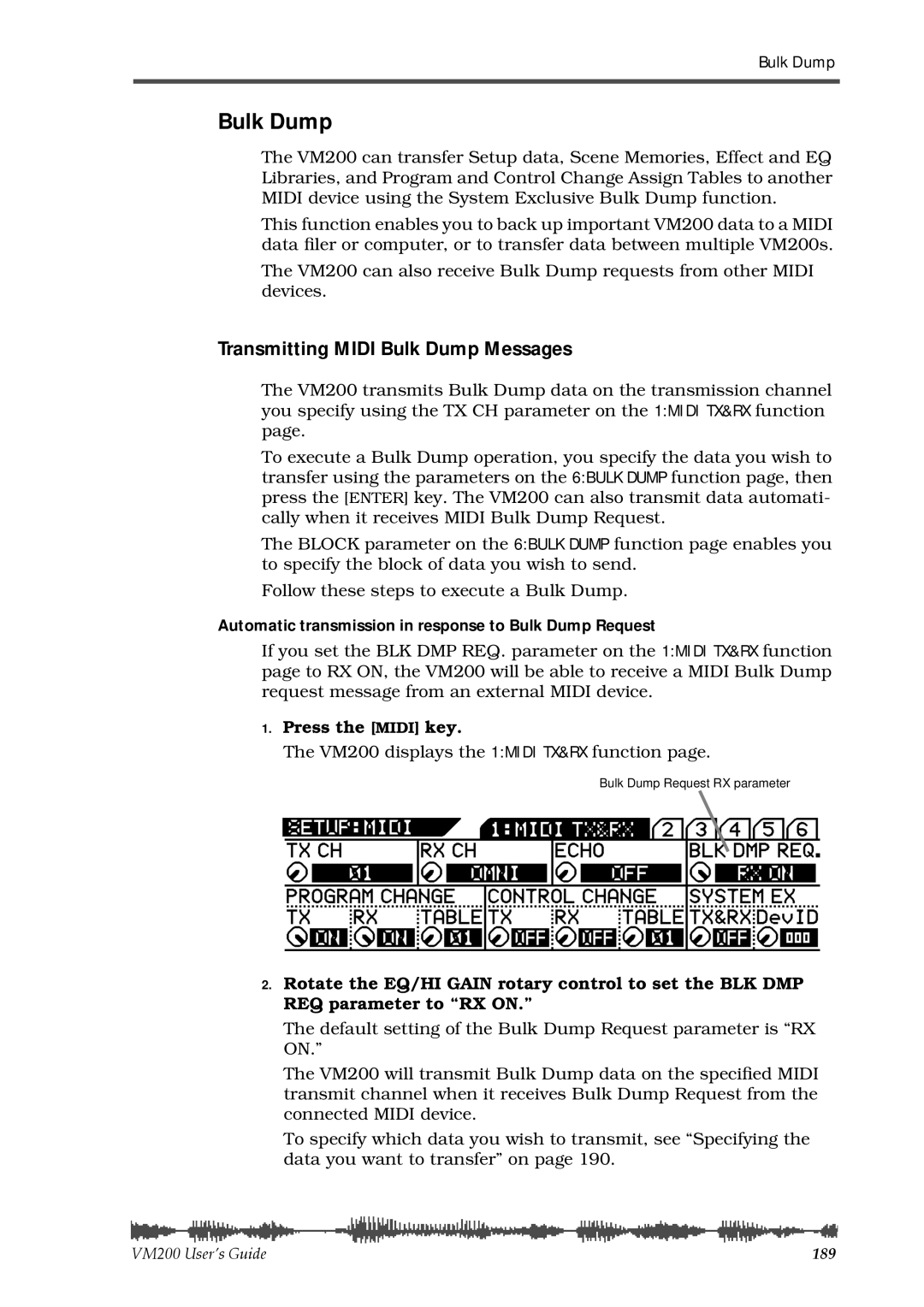 Fostex VM200 manual Transmitting Midi Bulk Dump Messages, Automatic transmission in response to Bulk Dump Request 