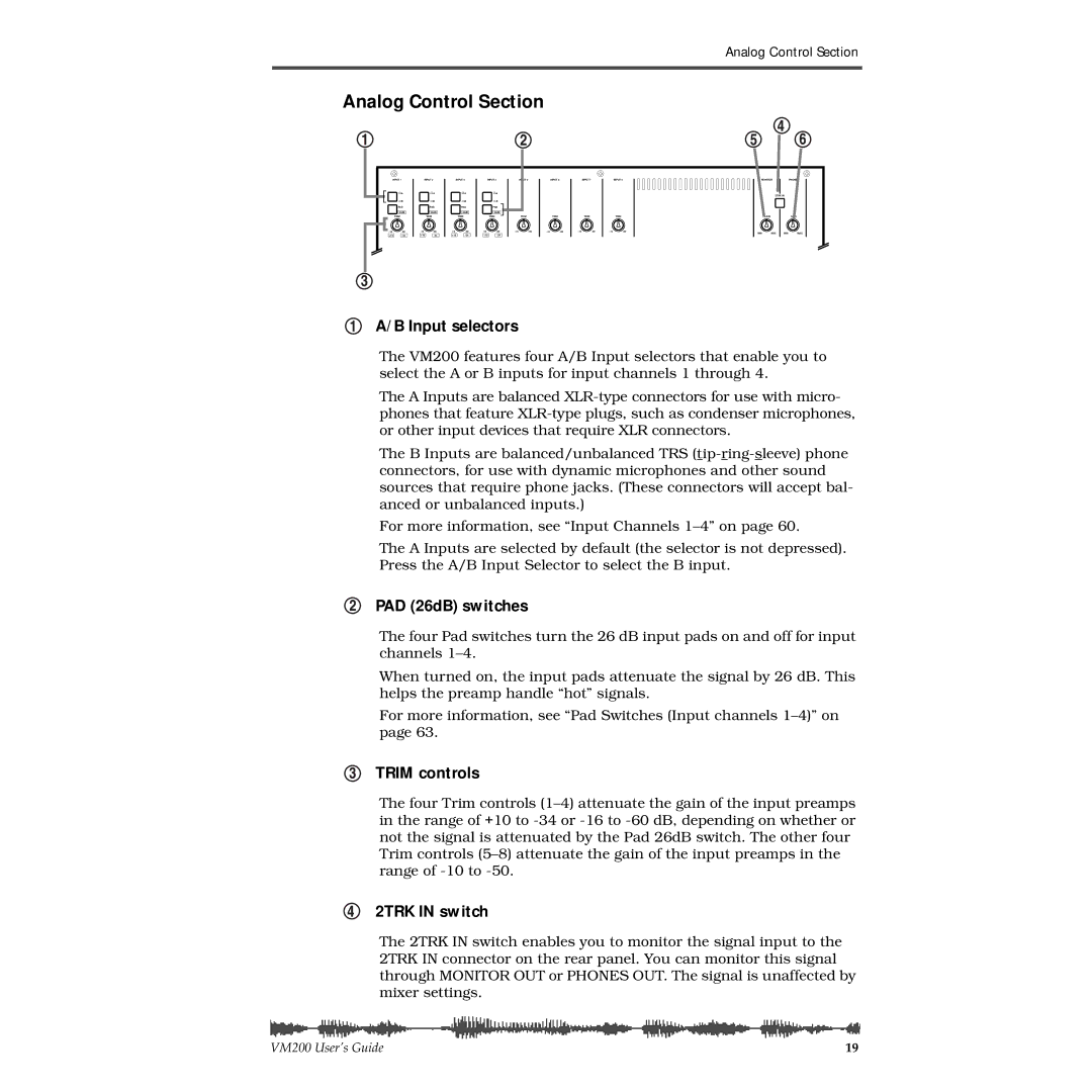 Fostex VM200 manual Analog Control Section, Input selectors, PAD 26dB switches, Trim controls, 2TRK in switch 